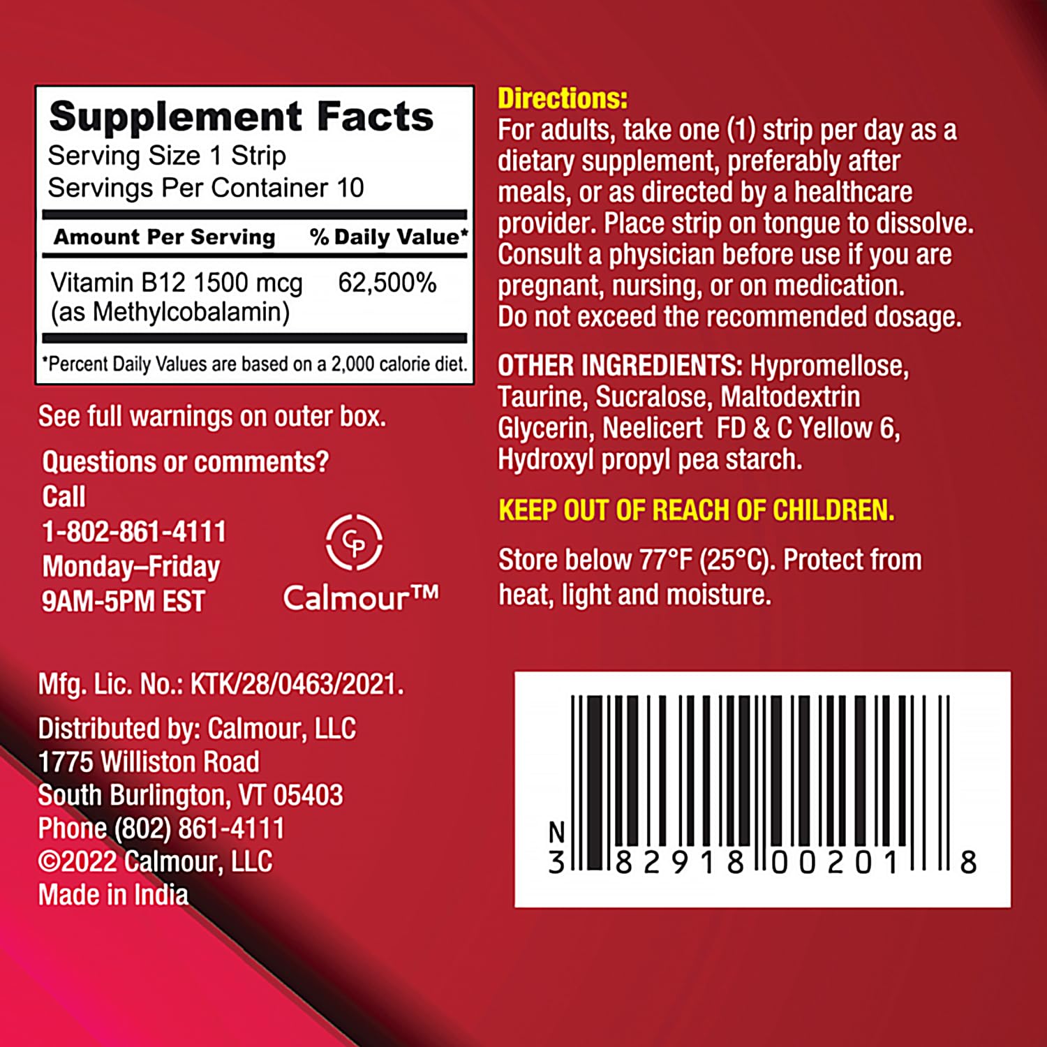 Tiras de vitamina B12 Calmour paquete económico 10 unidades