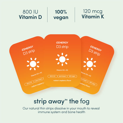 Tiras ZENERGY vitamina D3 y K2 para salud ósea sin azúcar