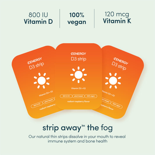 Tiras ZENERGY vitamina D3 y K2 para salud ósea sin azúcar