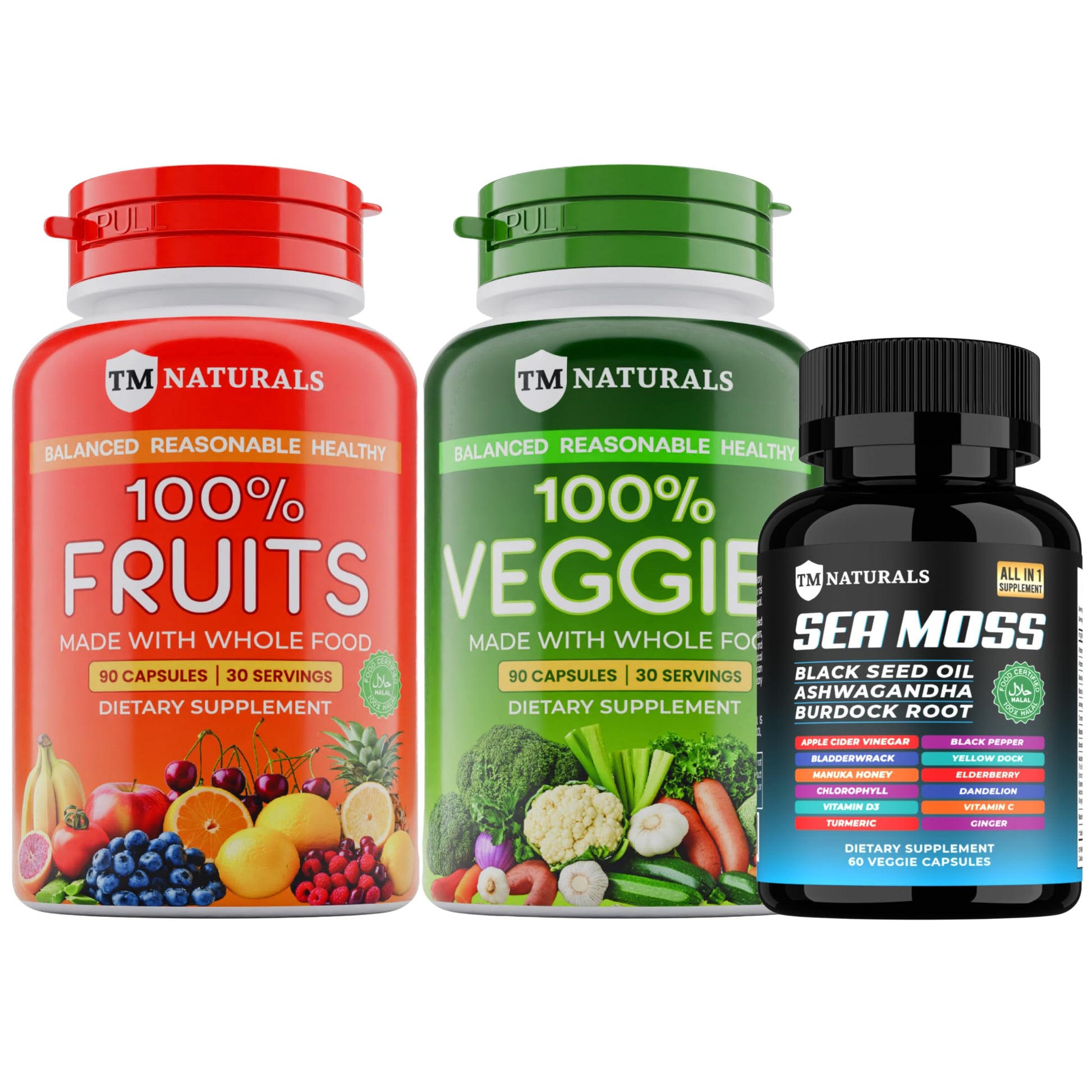 Vista frontal de TM NATURALS paquete de superalimentos y cápsulas de musgo marino