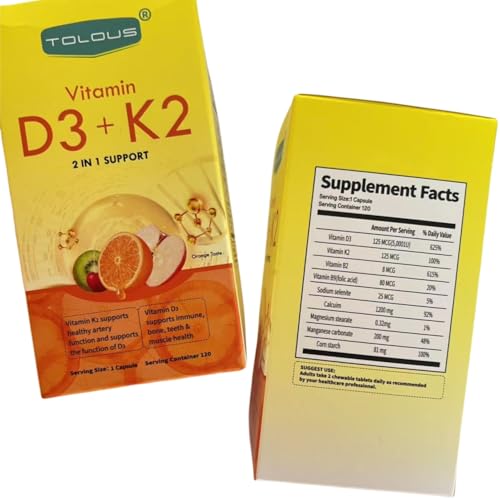 TOLOUS vitamina D3 y K2 suplemento 120 cápsulas pack doble