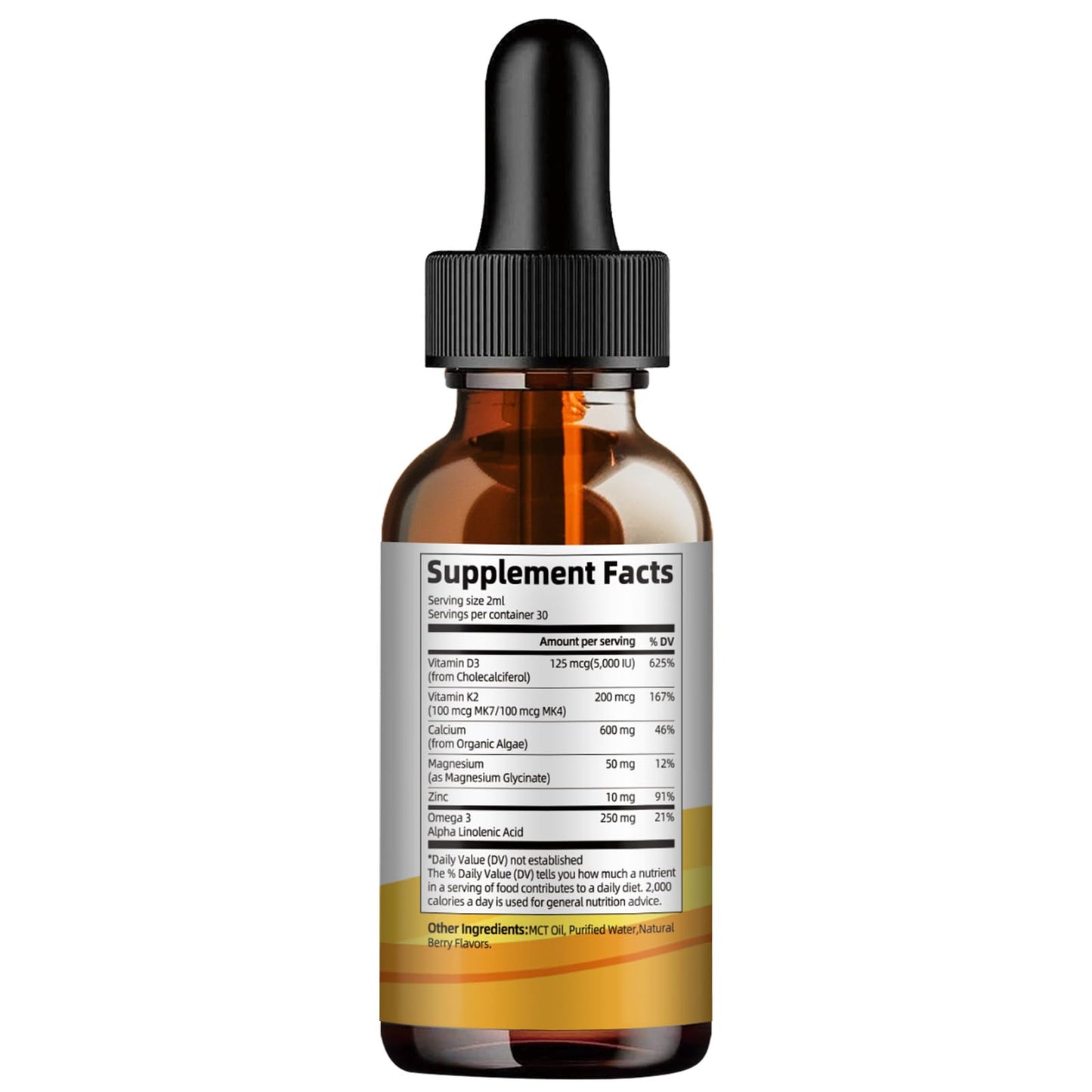 Vista lateral botella suplemento vitamina d3 k2 líquida con omega 3