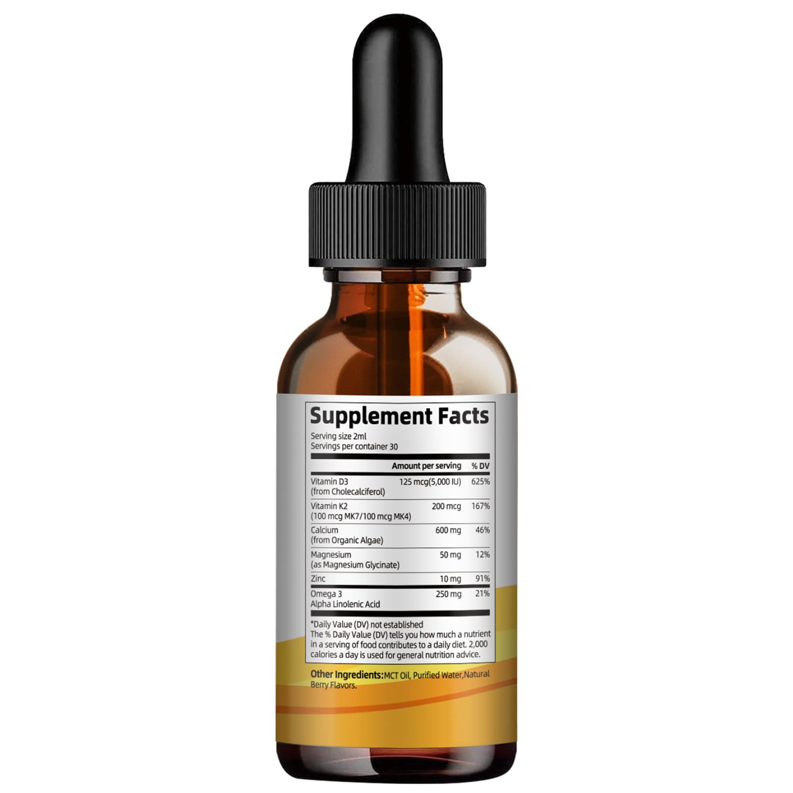 Vista lateral botella suplemento vitamina d3 k2 líquida con omega 3