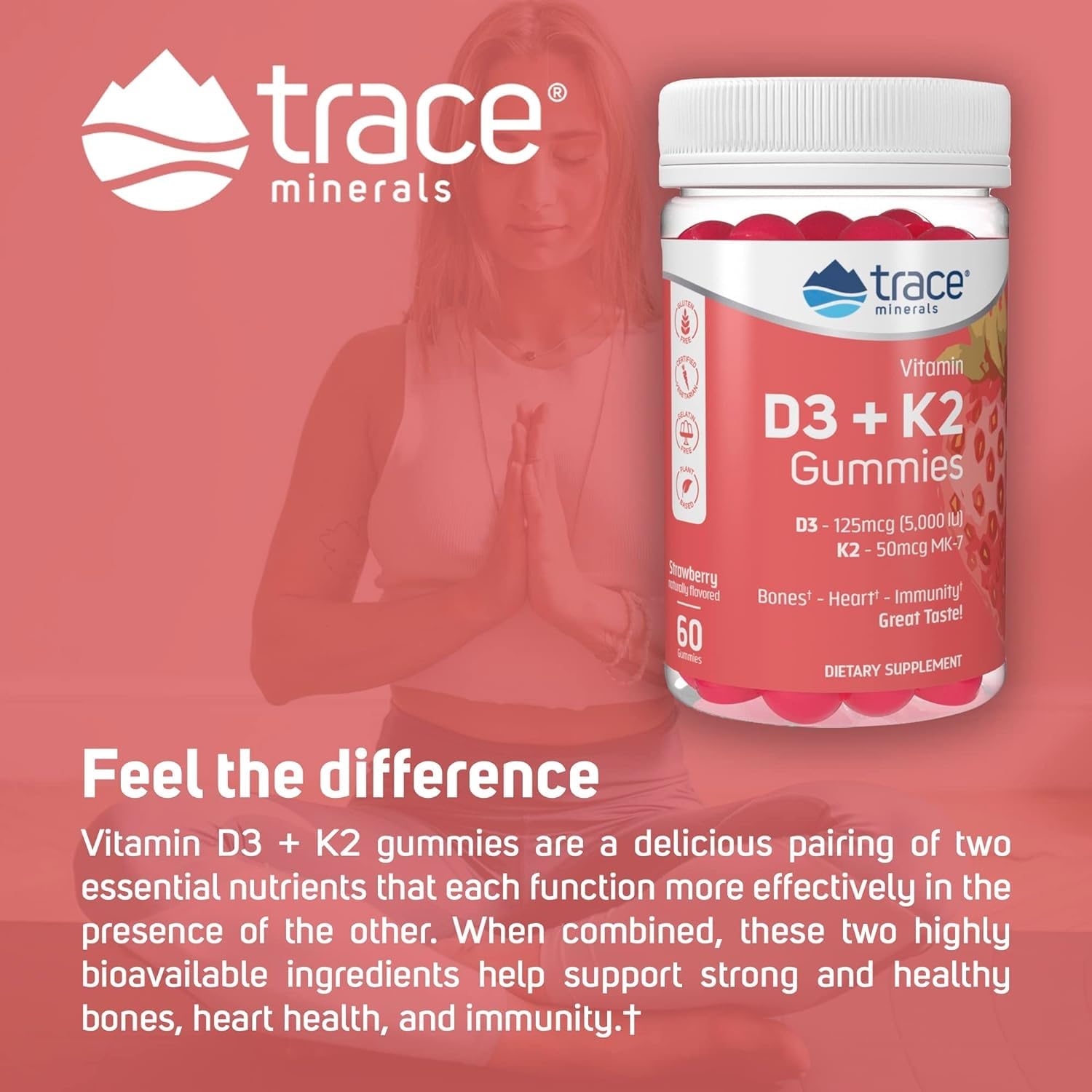 Trace Minerals gomitas vitaminas D3 5000 UI y K2 60 unidades sabor fresa