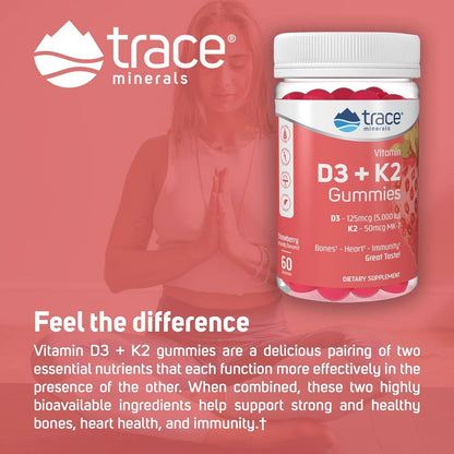 Trace Minerals gomitas vitaminas D3 5000 UI y K2 60 unidades sabor fresa