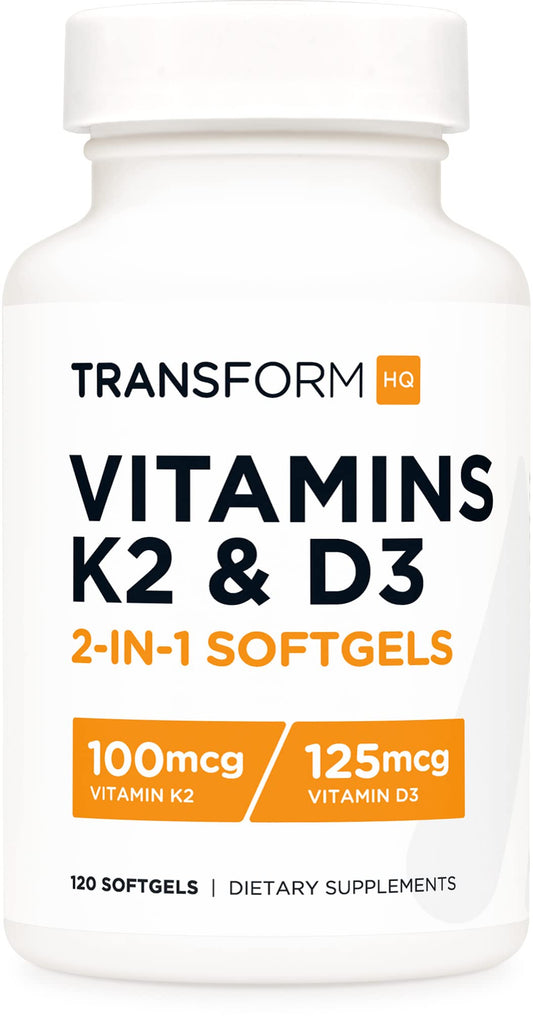 Frasco TransformHQ vitamina K2 MK7 y D3 5000 UI 120 cápsulas blandas
