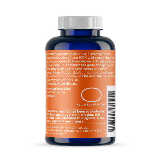 Trasera de Primal Blueprint Omegas con etiquetado