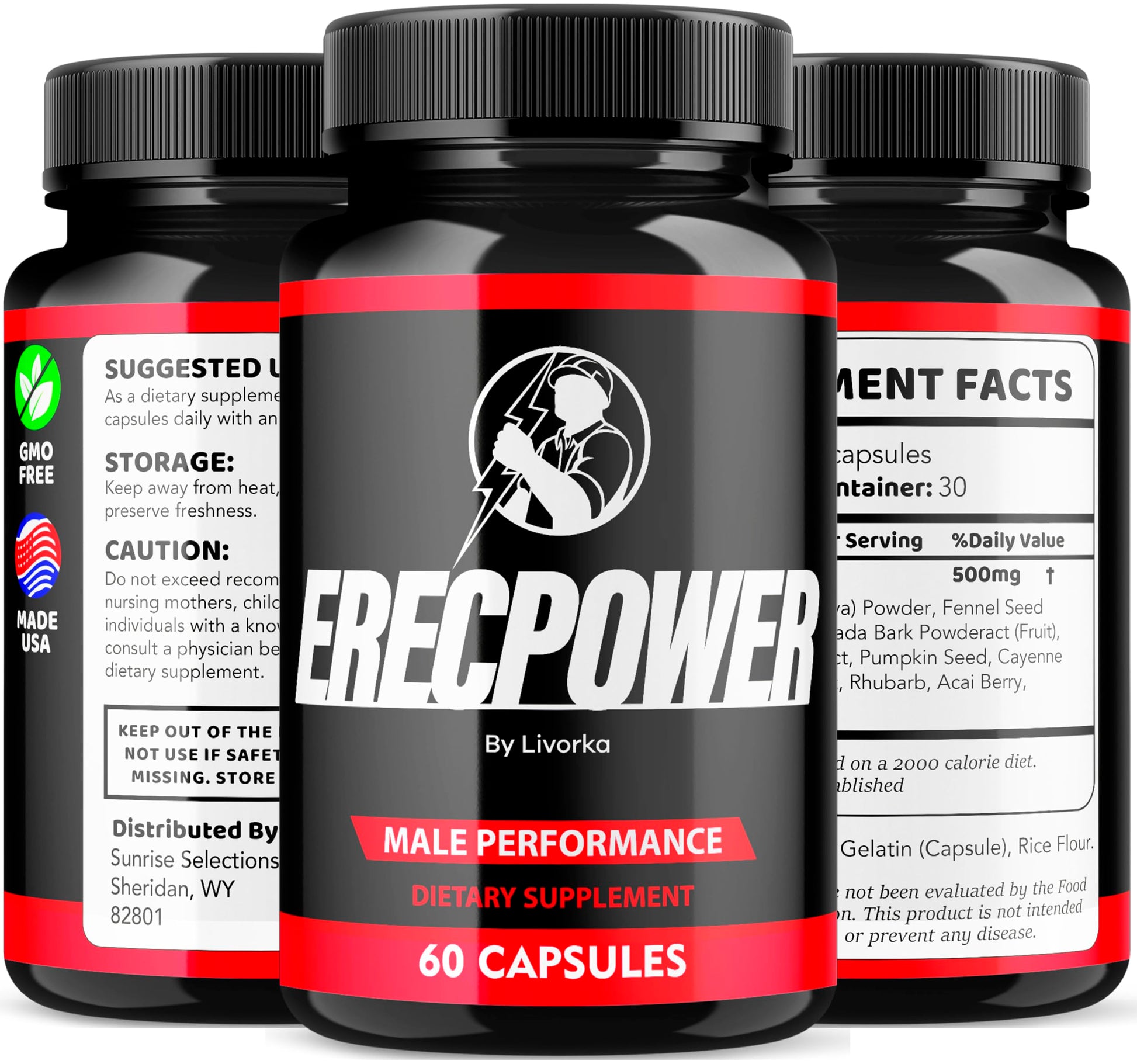 Tres botellas de Erecpower mostrando diferentes lados