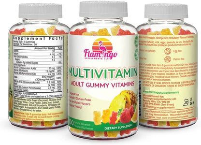 Tres botellas de gomitas Flamingo multivitamínicas empaquetadas