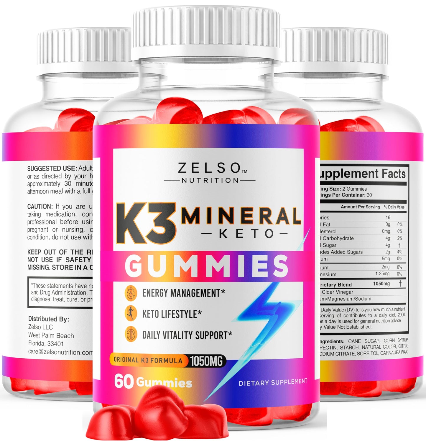 Tres botellas de gomitas K3 Minerales juntas