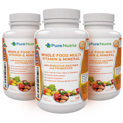 Tres botellas multivitamínico PureNutria alimentos integrales