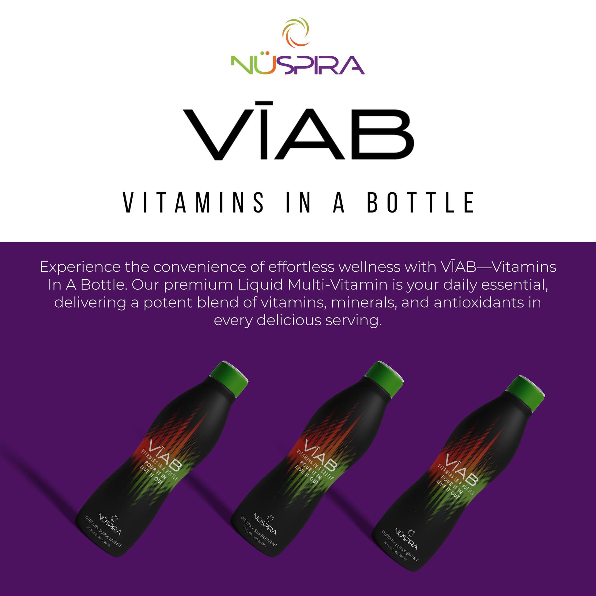 tres botellas VĪAB NüSpira multivitamínico líquido en fondo morado