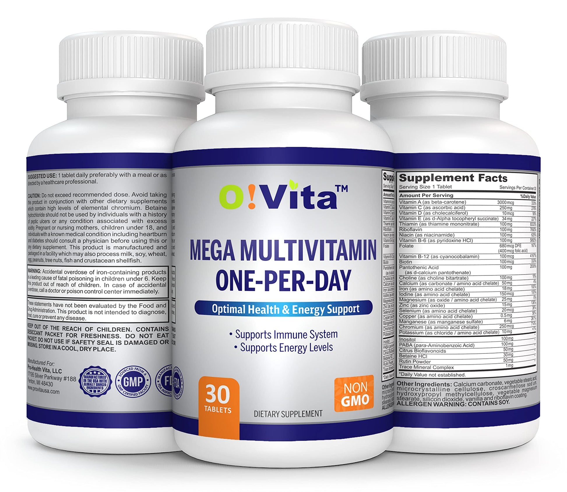 Tres botellas de vitaminas O!VITA Mega Multivitamínico.