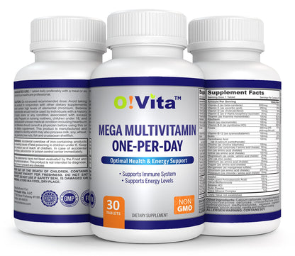 Tres botellas de vitaminas O!VITA Mega Multivitamínico.