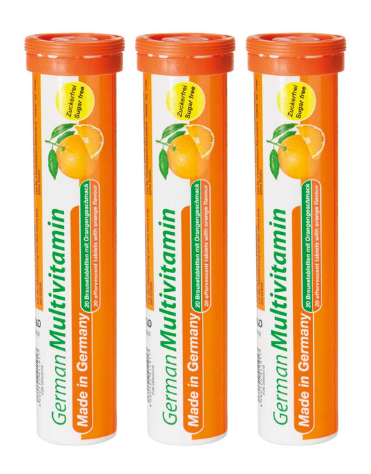 Tubos efervescentes multivitaminas alemanas T&D sabor naranja.