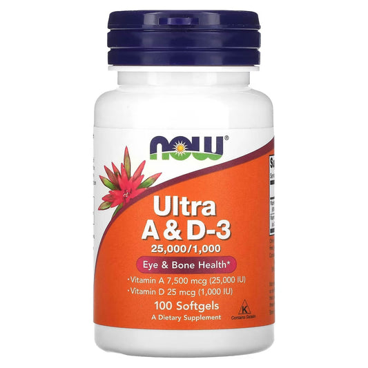 Ultra A y D3 Now Foods botella frontal 100 cápsulas blandas
