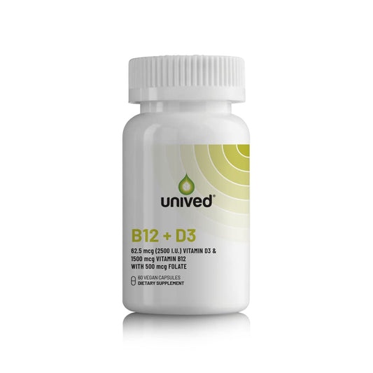 Unived B12 + D3 cápsulas suplemento vegano paquete