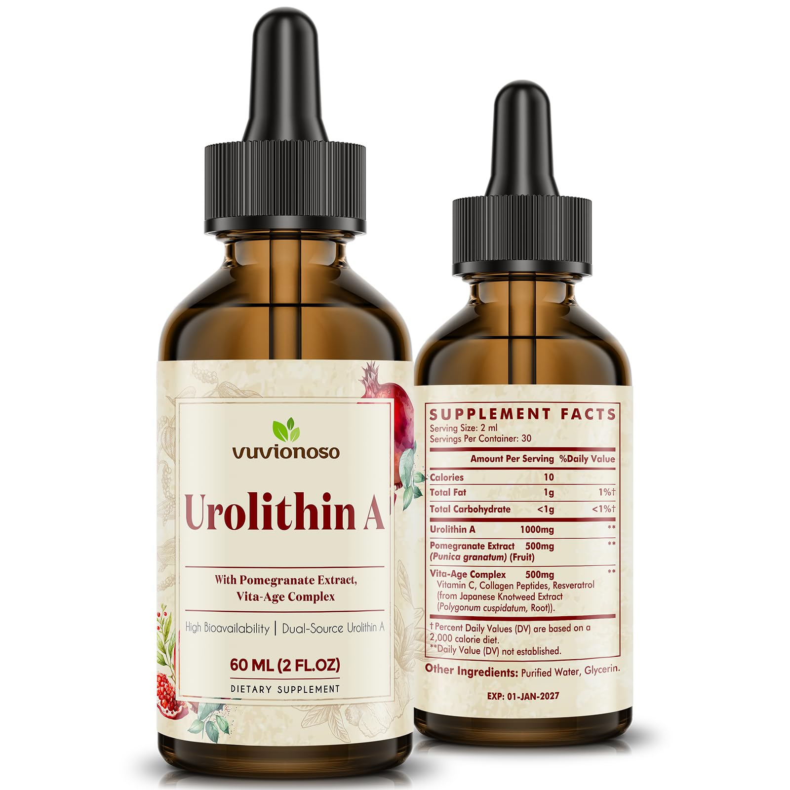 Frasco de gotas líquidas de urolitina A ViveSano 2000mg