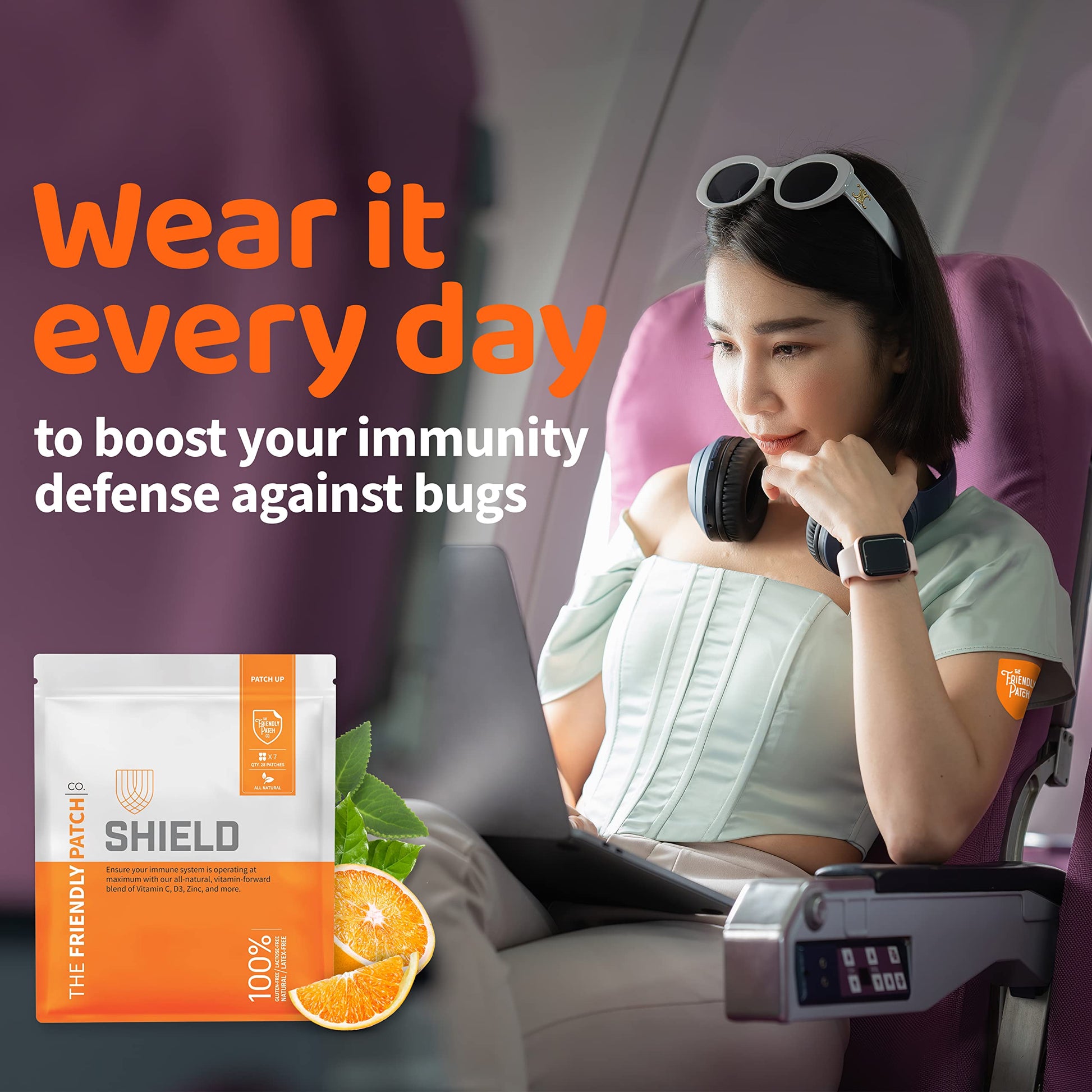 Uso diario del parche de inmunidad Shield en un avión