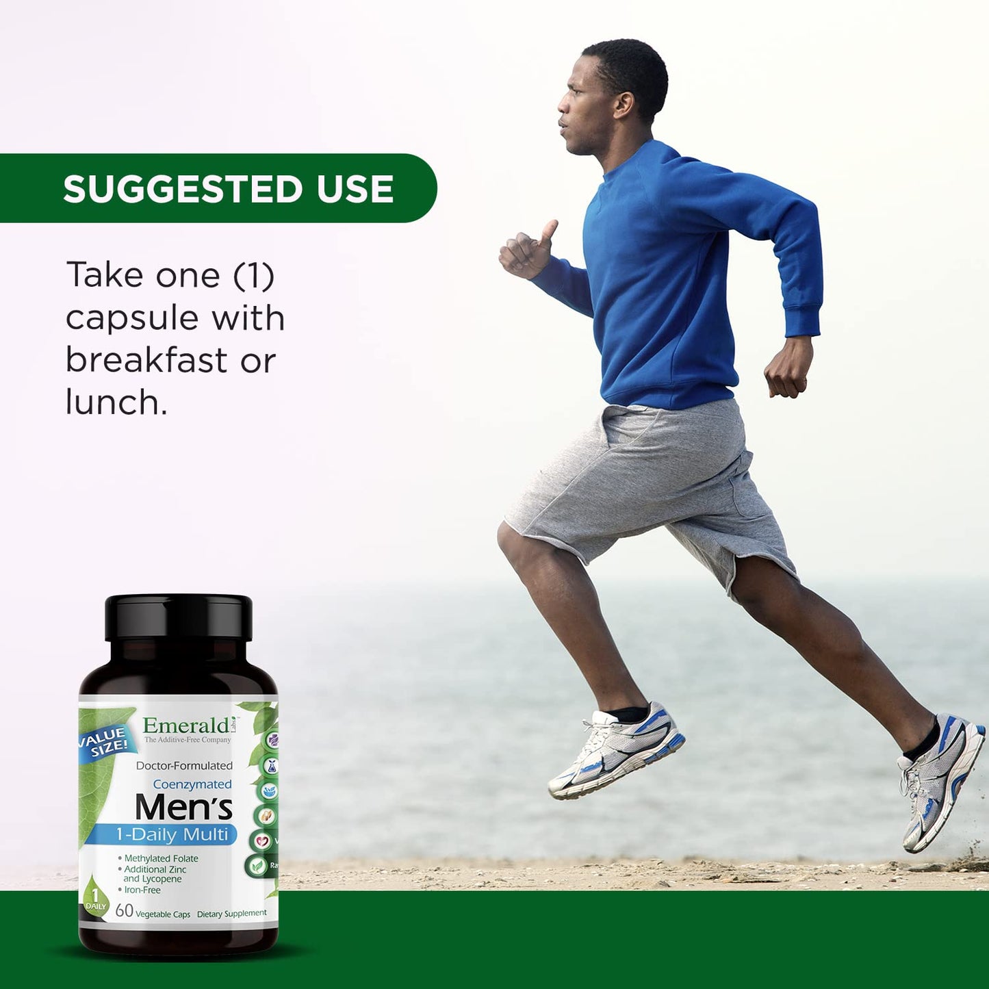 Uso sugerido del multivitamínico EMERALD LABS para hombres - con desayuno o almuerzo