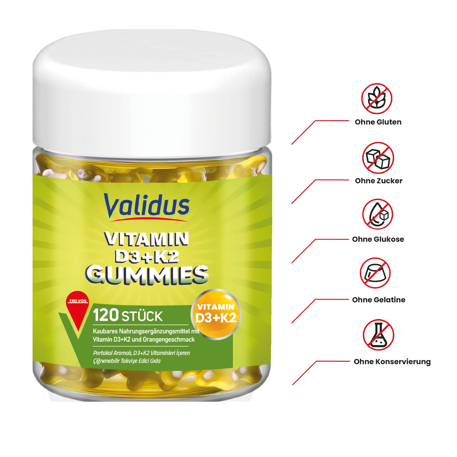Envase gomitas vitamina D3 y K2 VALIDUS 60 unidades