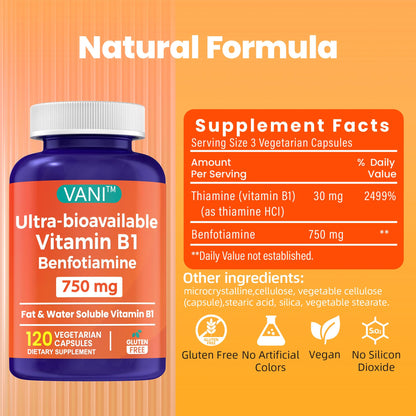 Paquete de 3 frascos VANI Benfotiamina 750 mg sin gluten