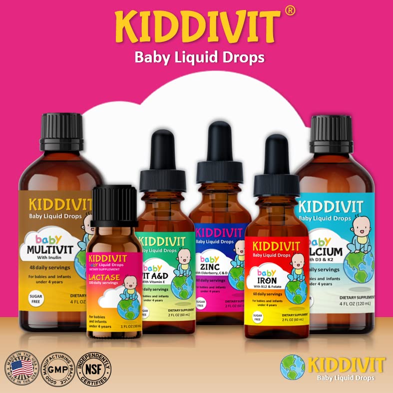 Variedad de productos Kiddivit para bebés con múltiples vitaminas