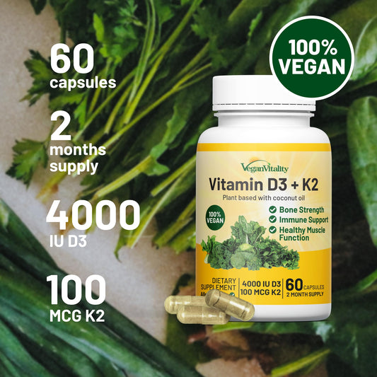 Vegan Vitality Vitamina D3 K2 suplemento 2 meses