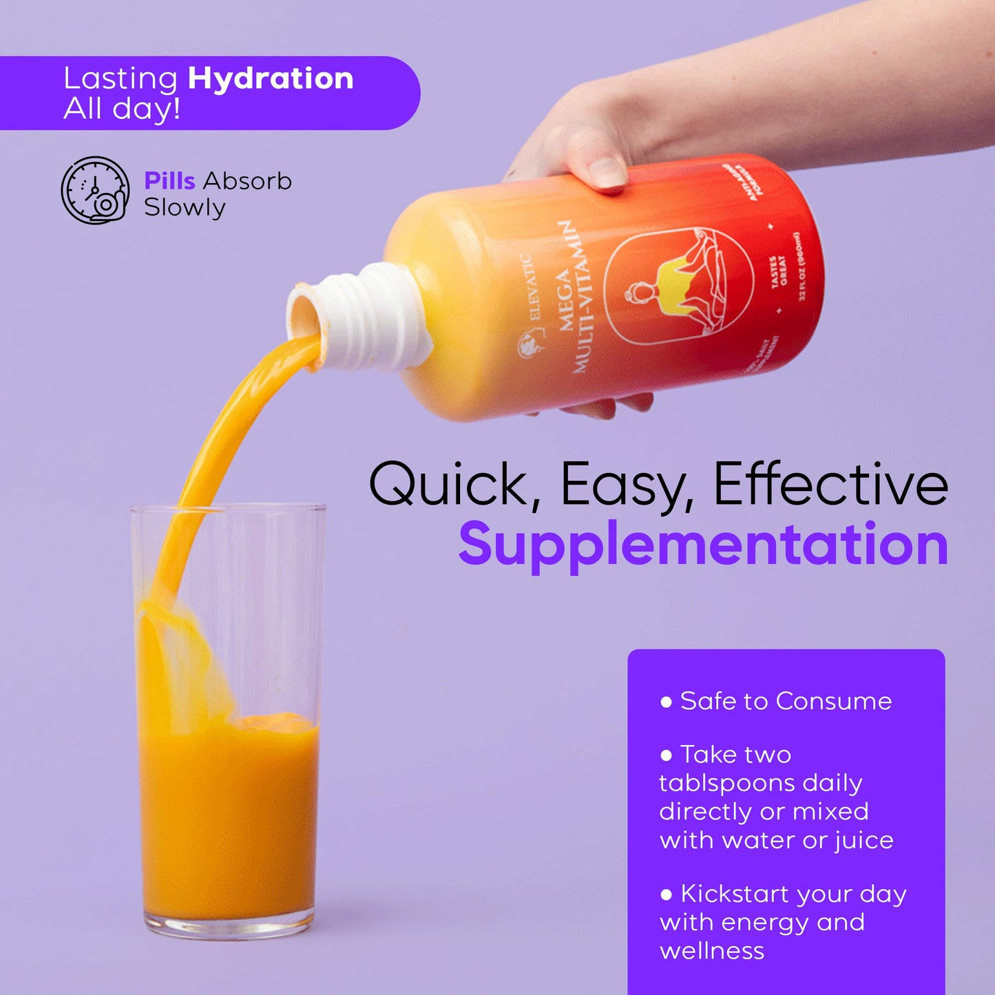 Vertido del líquido multivitamínico Elevatic en un vaso
