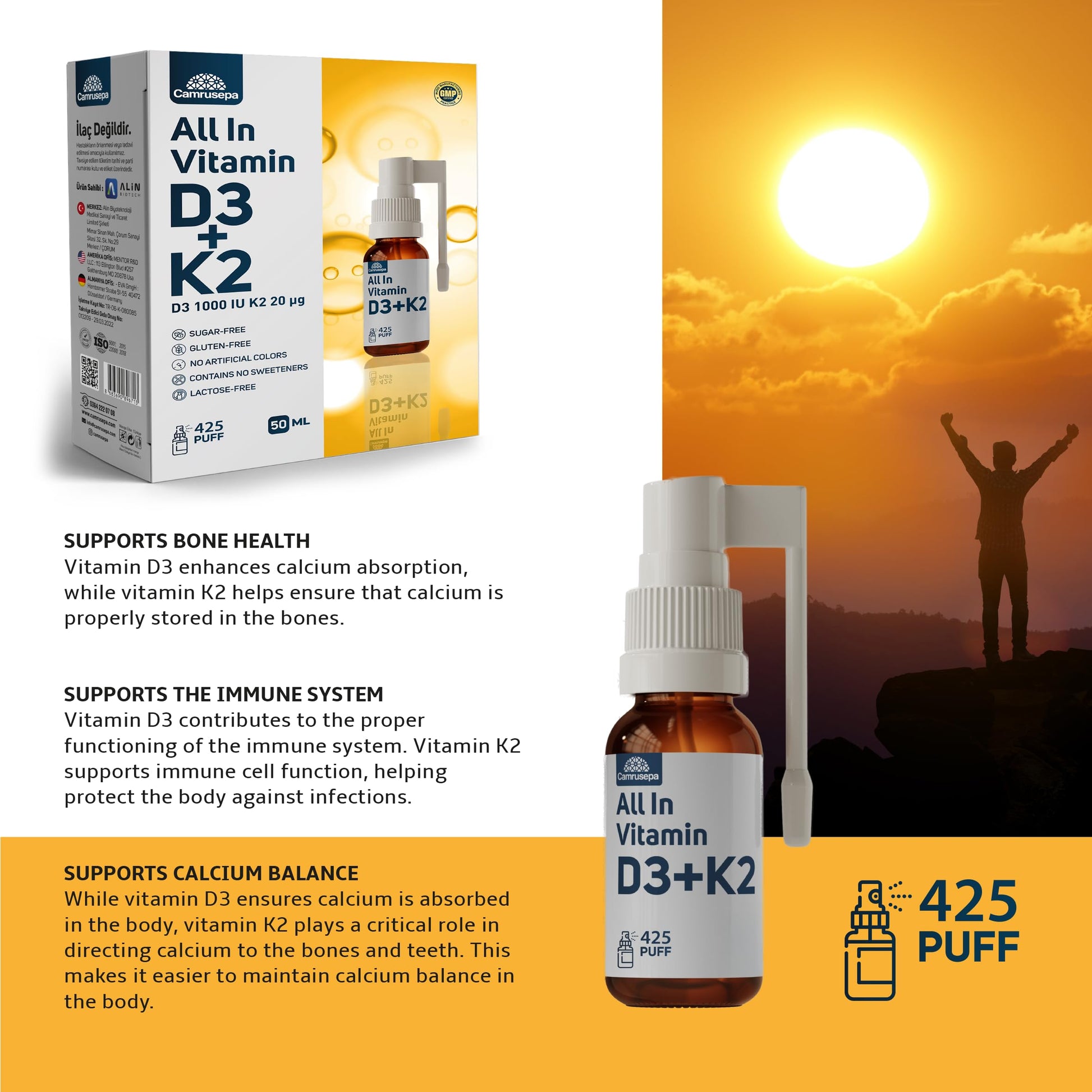 Vista cercana de spray líquido de vitamina D3 y K2 para uso diario