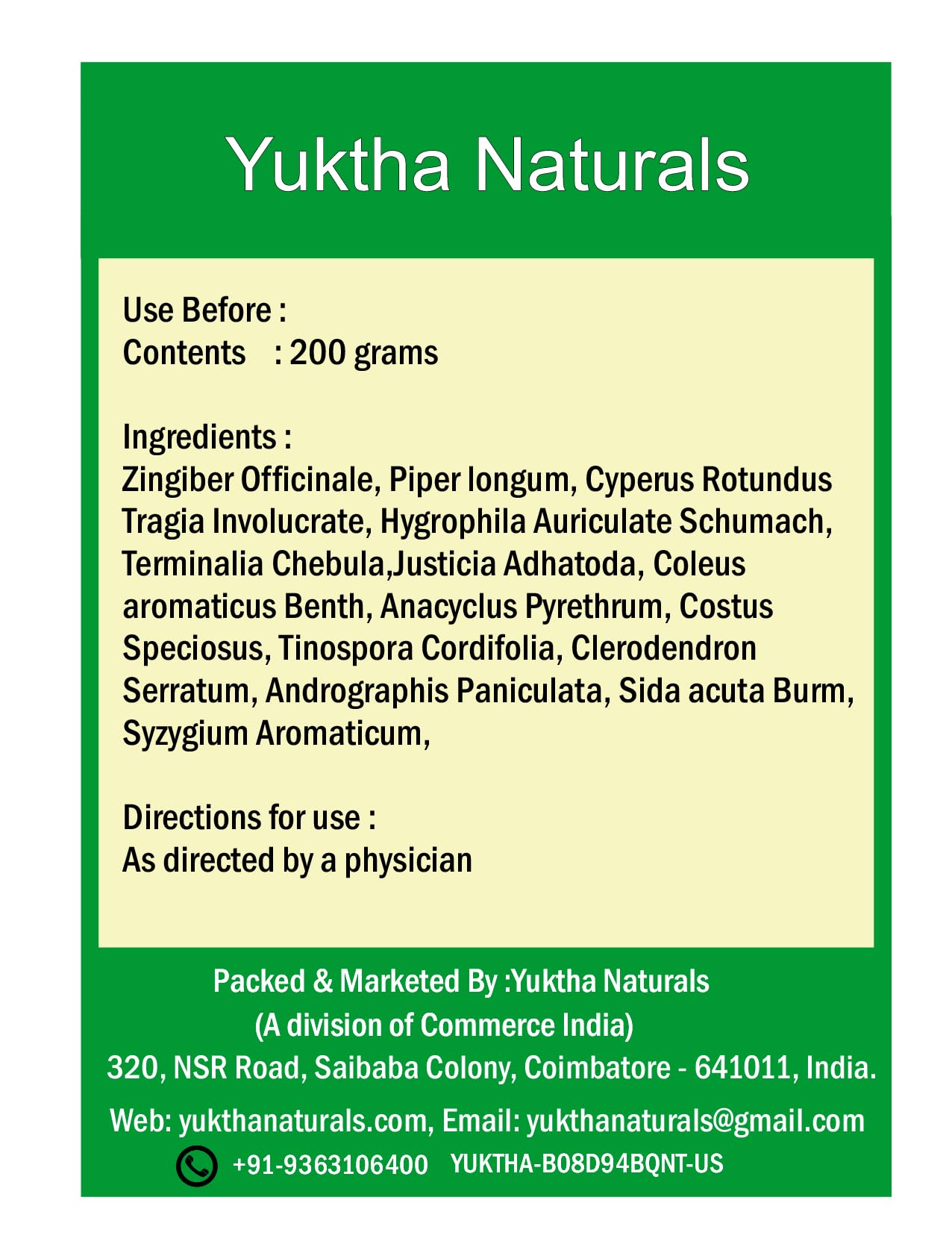Vista detallada Yuktha Naturals Kaba Sura Kudineer, dosificación