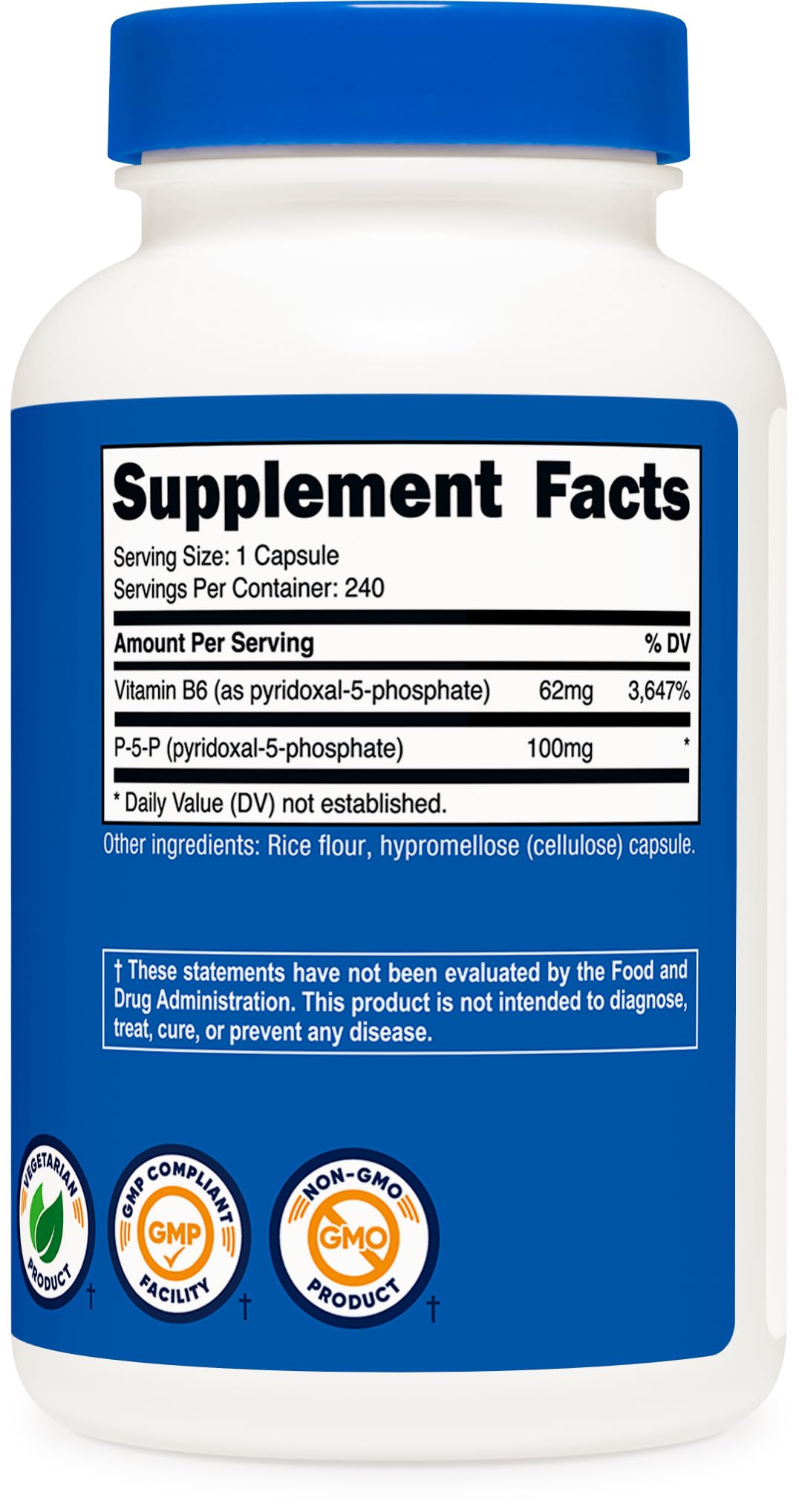 Vista de frasco Suplemento vitamina b6 p5p Nutricost