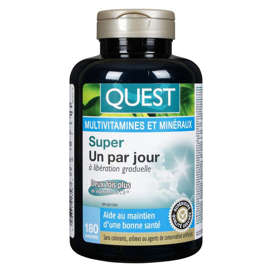 Vista frontal Quest multivitaminas tableta diaria