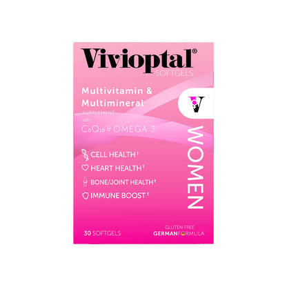 Vista frontal de Vivioptal Mujeres multivitaminas, caja rosa.
