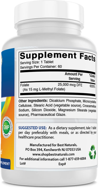 Vista lateral Best Naturals Metil Folato 15mg botella