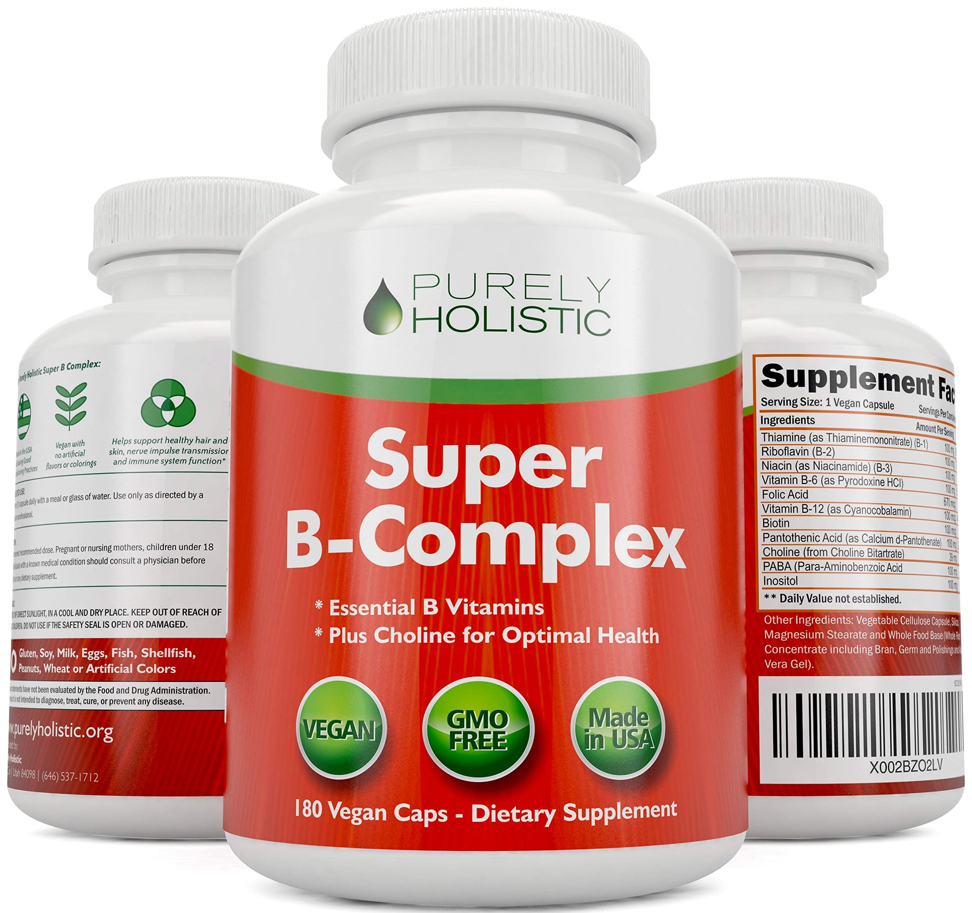 Vista lateral botella complejo vitamina B Purely Holistic