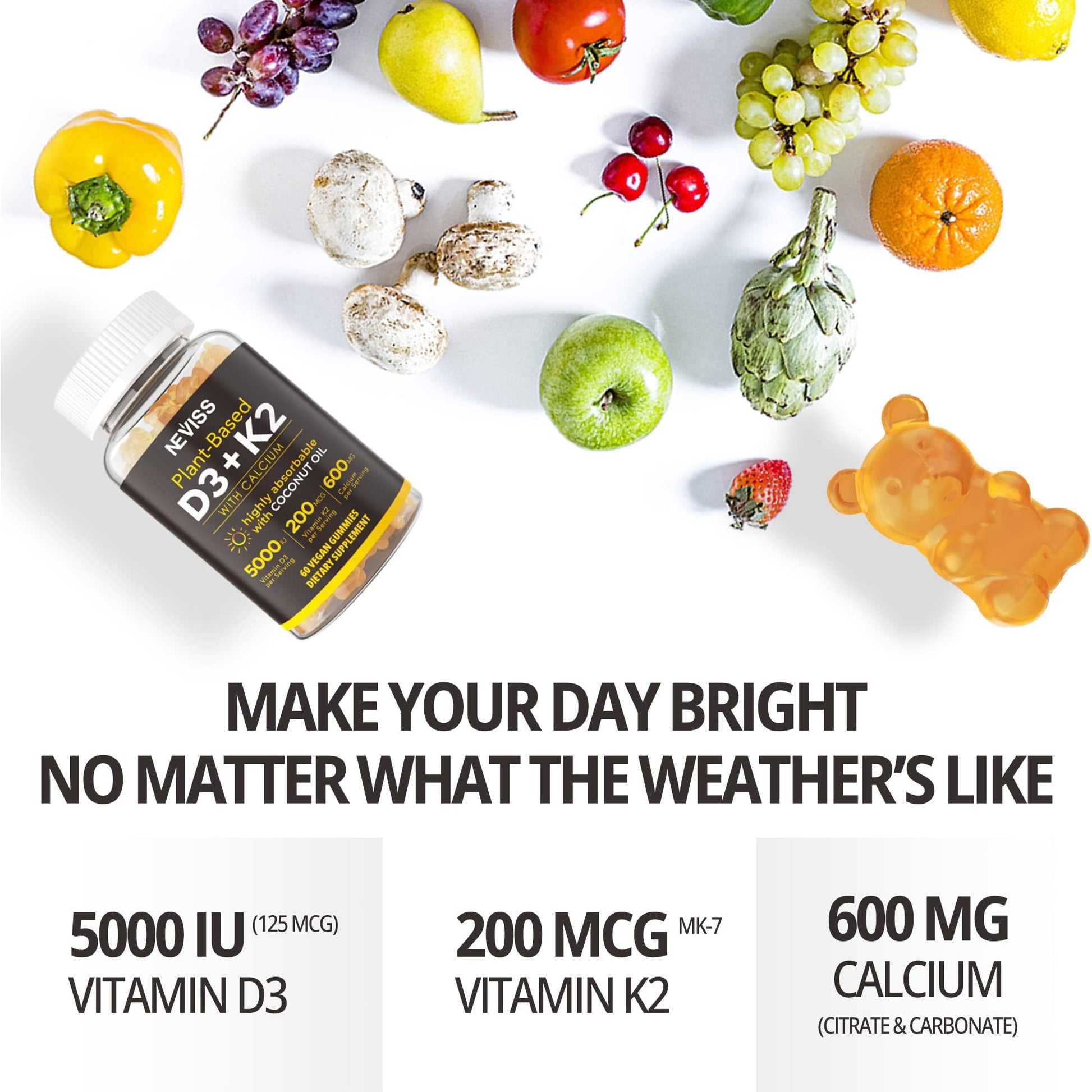 Vista lateral botella gomitas multivitamínicas NEVISS