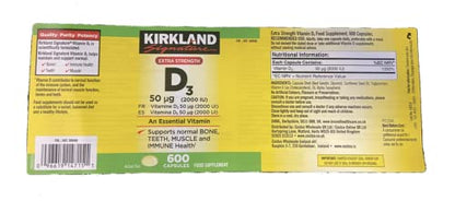 Vista lateral botella Kirkland Vitamina D3 600 cápsulas