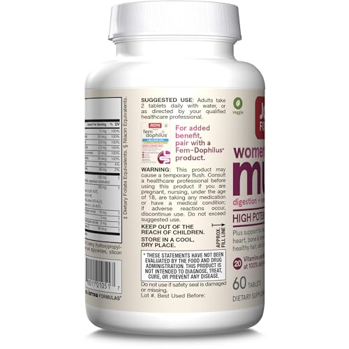 Vista lateral de la botella de multivitaminas Jarrow para mujeres