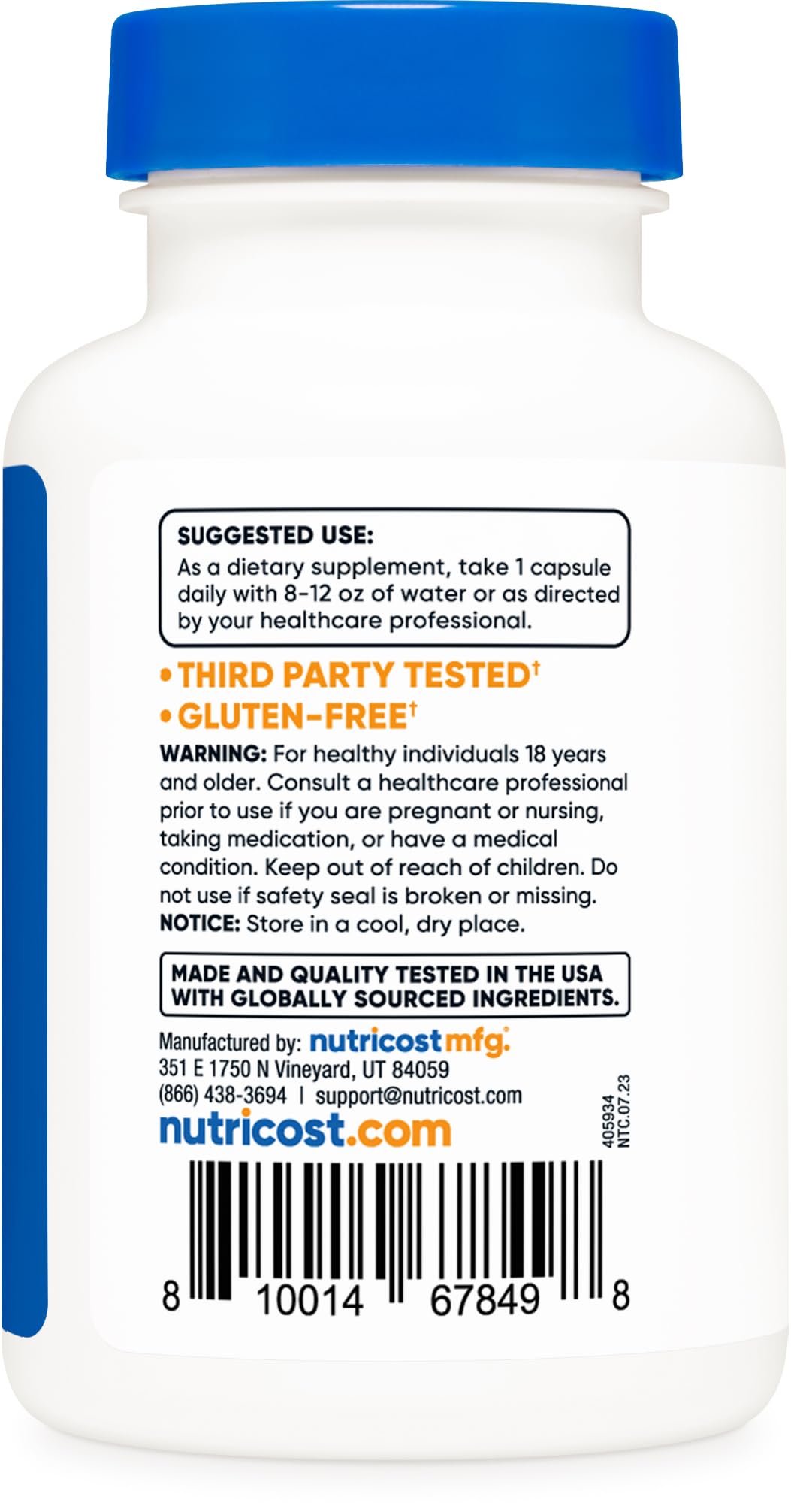 Vista lateral botella suplemento vitamina B12 Nutricost