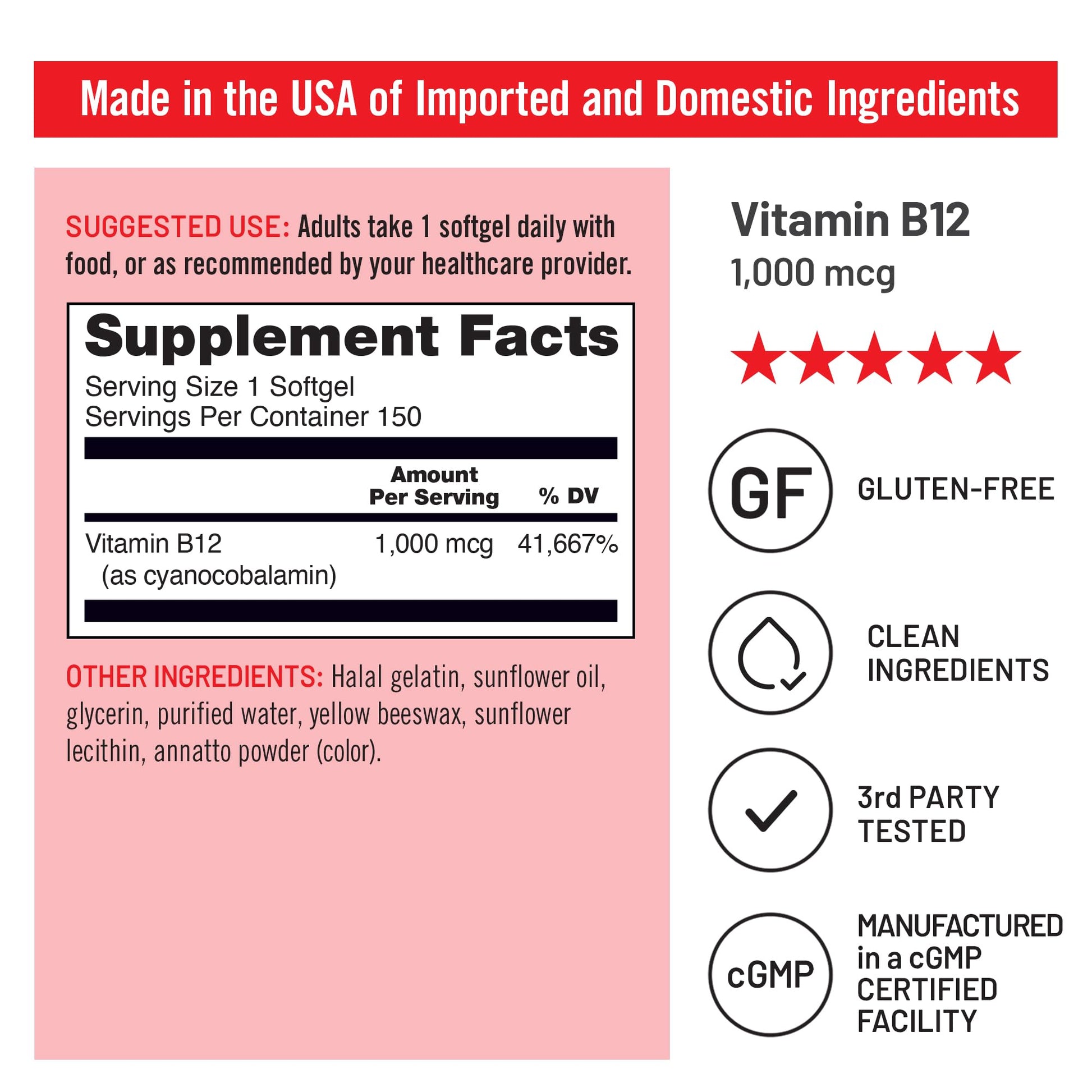 Vista lateral botella vitamina B12 NatureWise 150 cápsulas