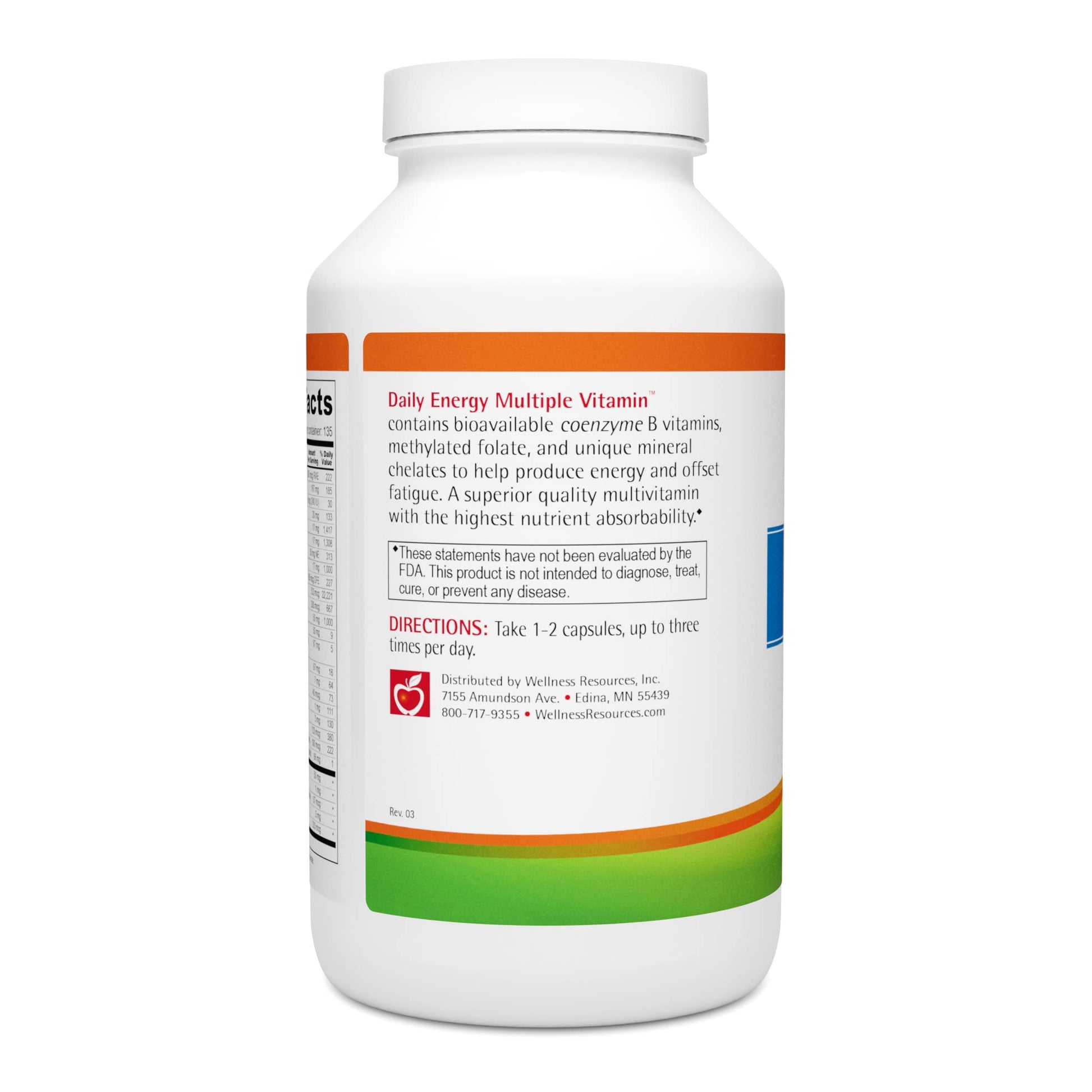 Vista lateral de la botella de vitaminas Wellness Resources