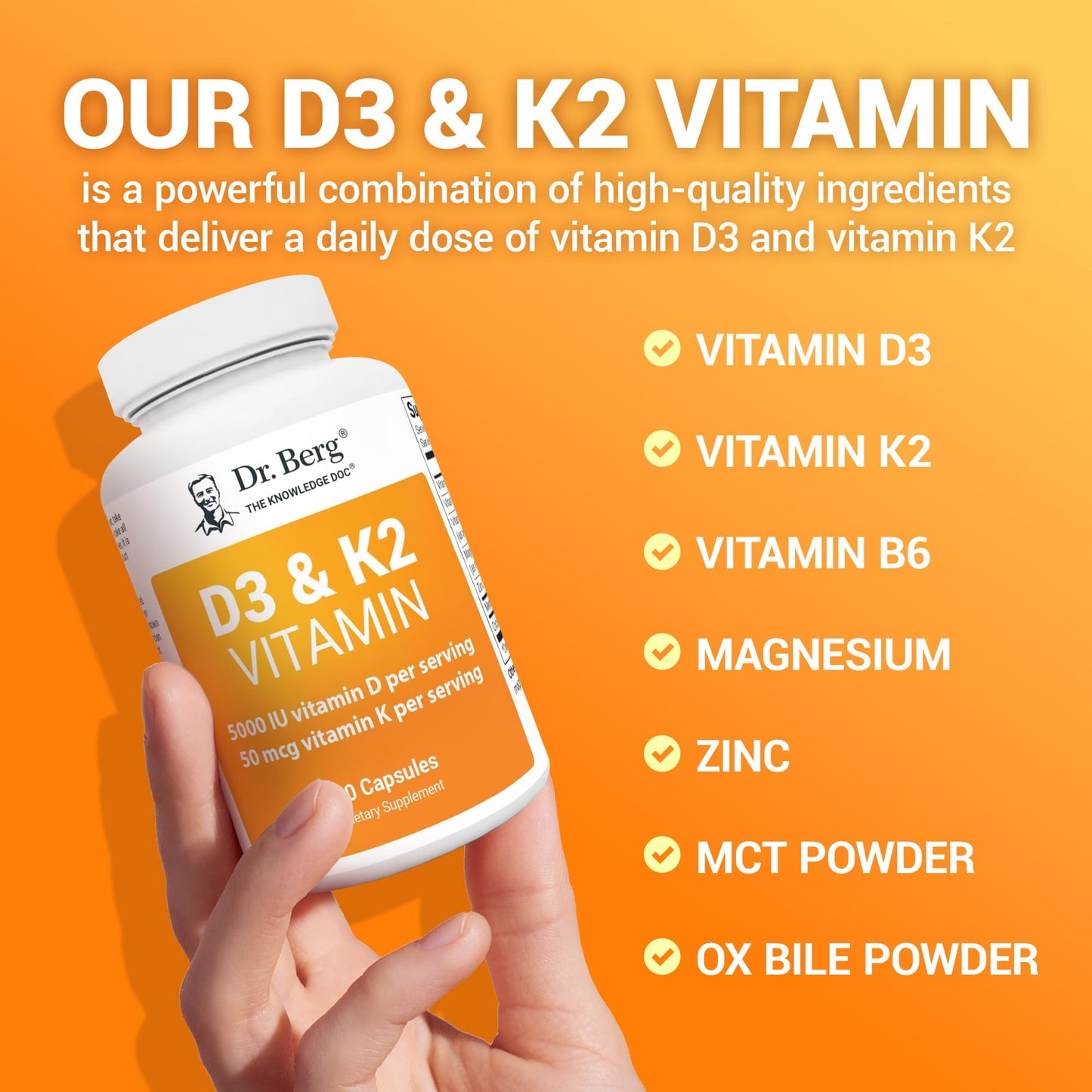 Vista lateral frasco cápsulas Dr. Berg vitamina D3 K2 5000 IU
