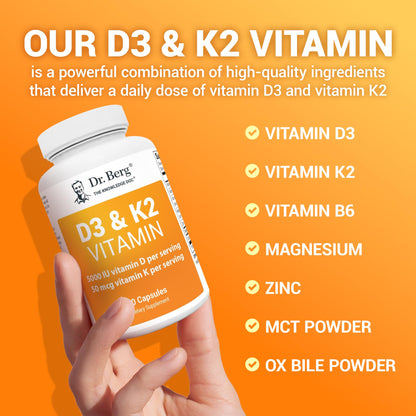 Vista lateral frasco cápsulas Dr. Berg vitamina D3 K2 5000 IU