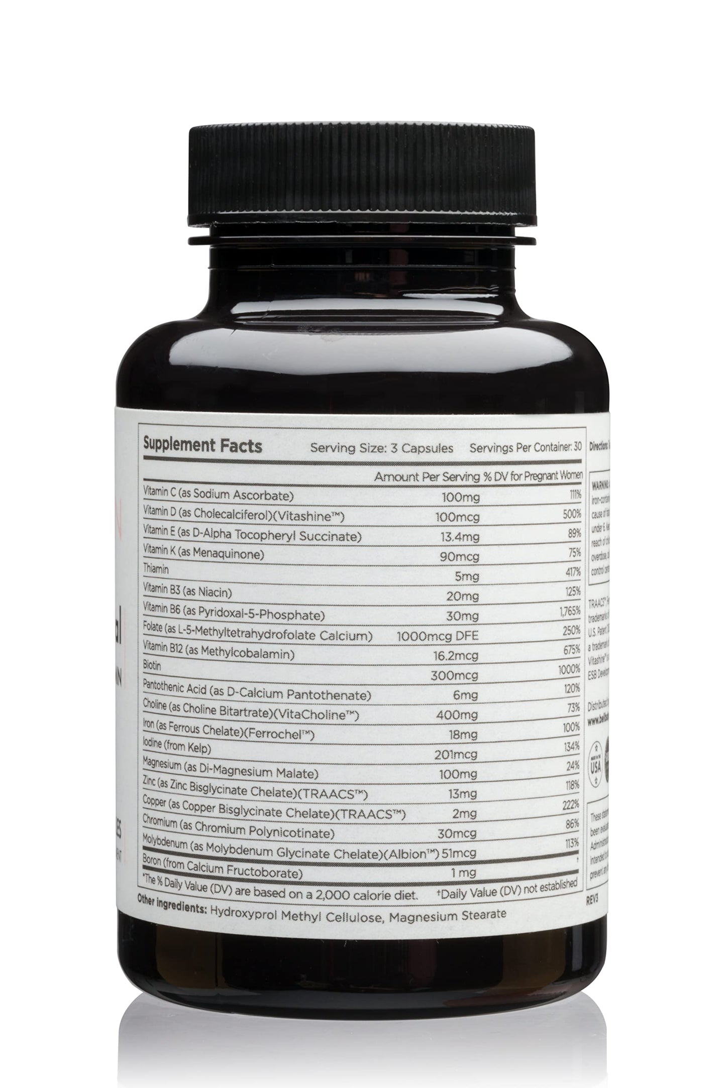 Vista lateral frasco multivitaminas para embarazadas Beli