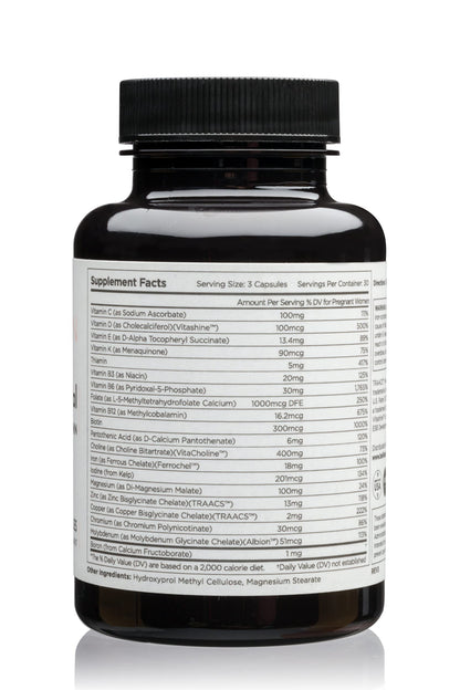 Vista lateral frasco multivitaminas para embarazadas Beli