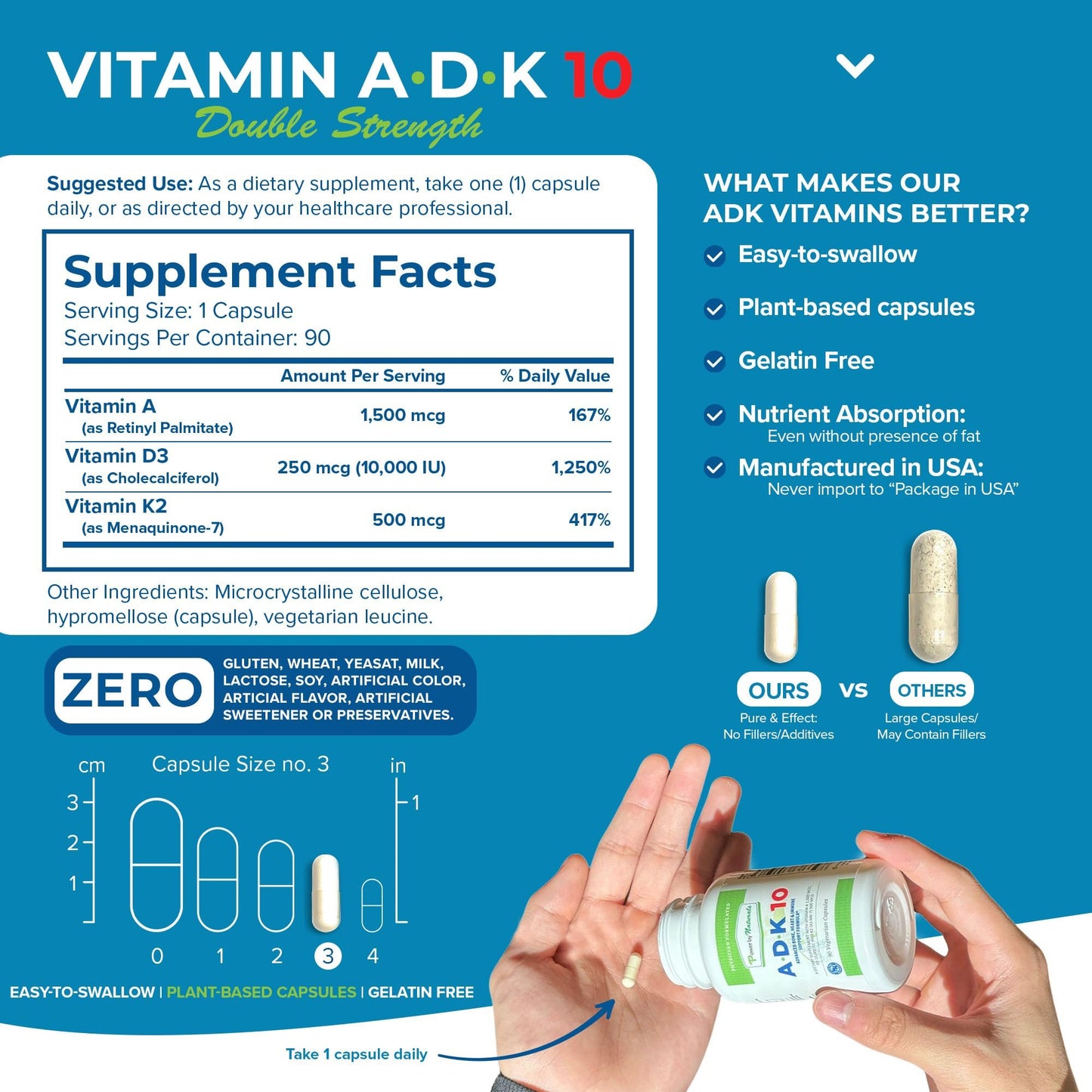Vista lateral del frasco Power By Naturals ADK 10 vitaminas