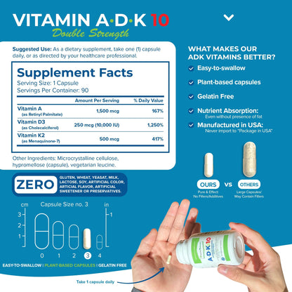 Vista lateral del frasco Power By Naturals ADK 10 vitaminas