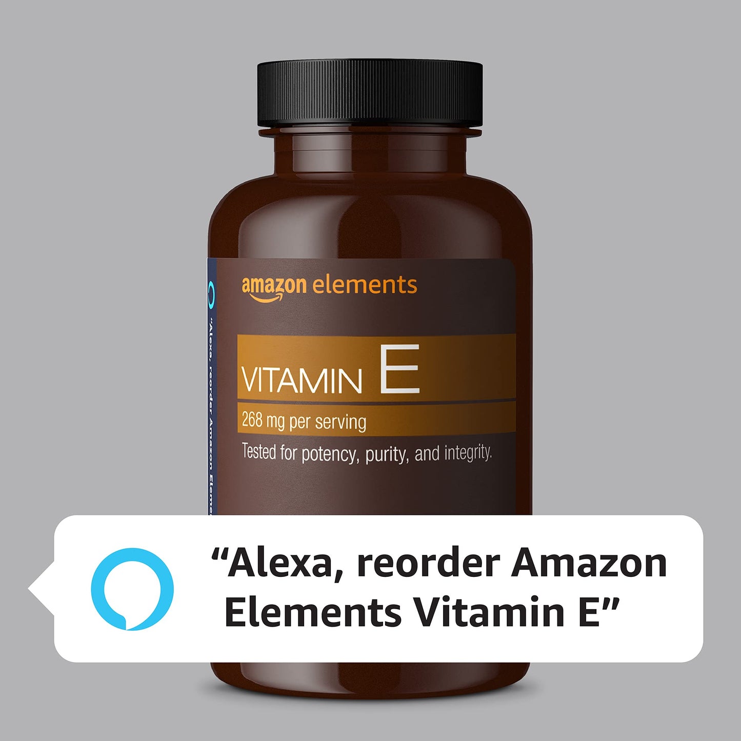 Vista lateral frasco vitamina E 400 UI Amazon Elements