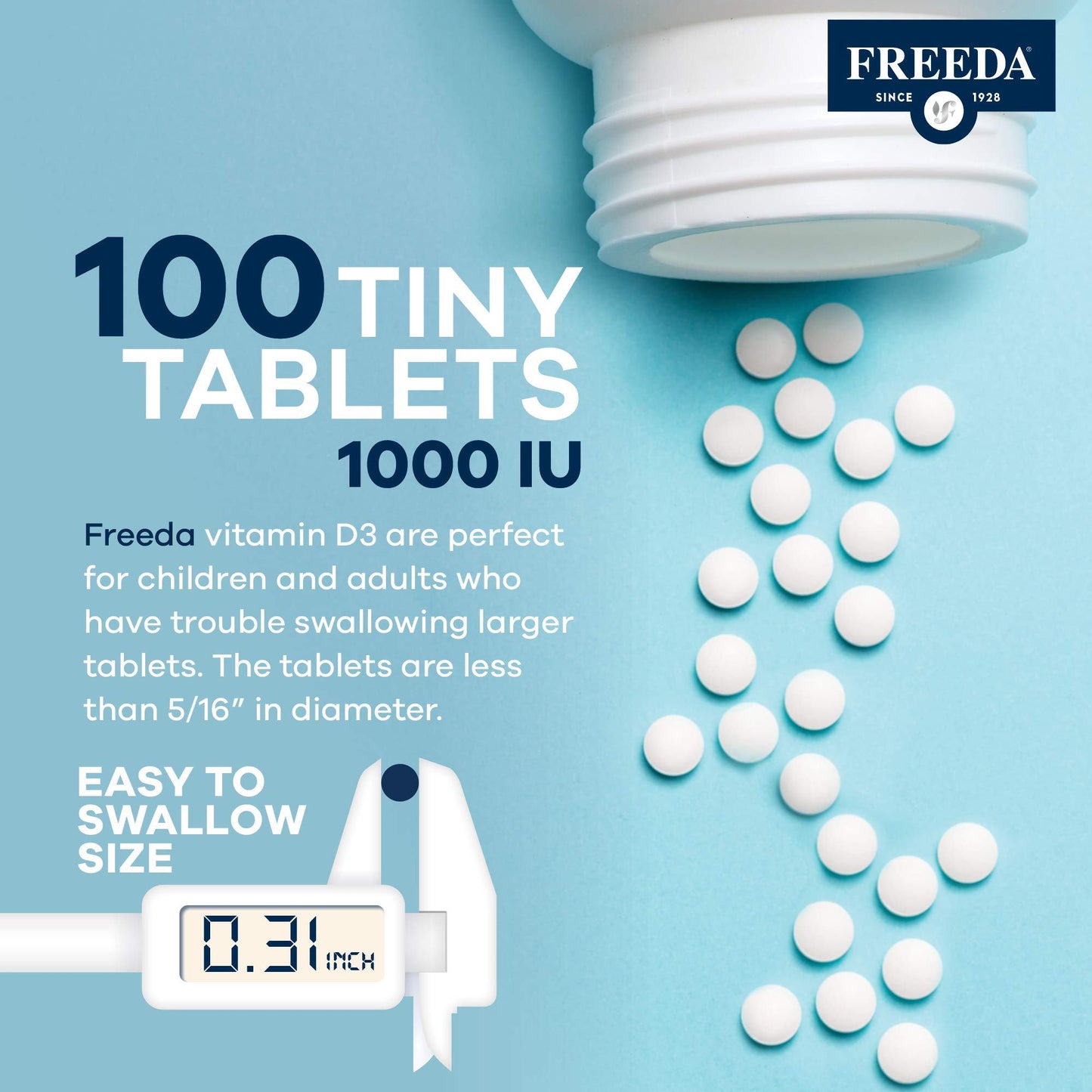 Vista lateral frasco Freeda vitamina d3 tableta kosher 100 comprimidos